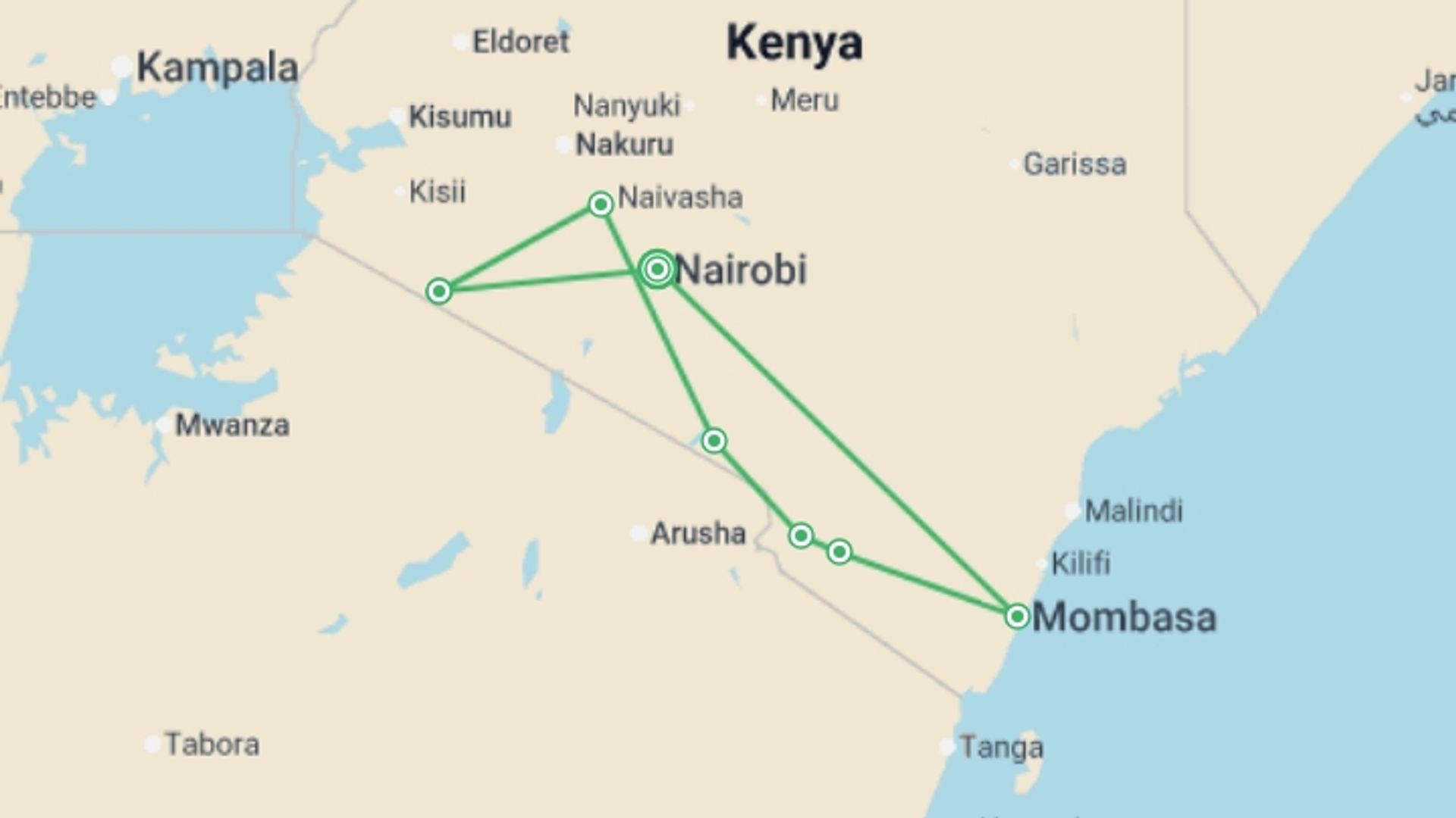A map showing the tour itinerary for the trip: Enchanting Kenya Safari and Coastal Escape, starting in Nairobi, Kenya and ending in Nairobi, Kenya going through 6 other destinations.