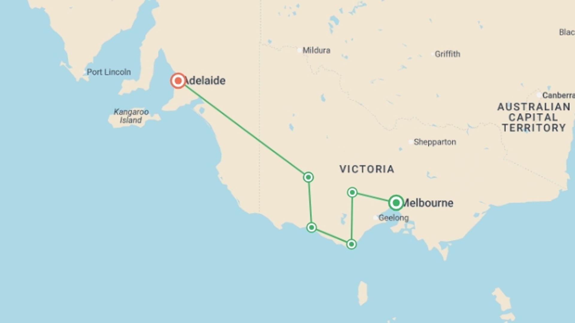 A map showing the tour itinerary for the trip: Great Ocean Road & Grampians Adventure, starting in Melbourne, Australia and ending in Adelaide, Australia going through 4 other destinations.