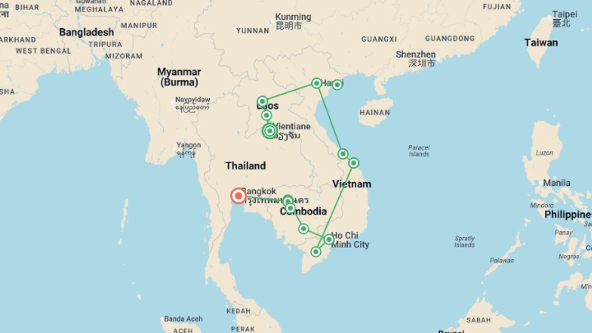 A map showing the tour itinerary for the trip: Indochina Discovery - 22 days, starting in Vientiane, Laos and ending in Bangkok, Thailand going through 10 other destinations.