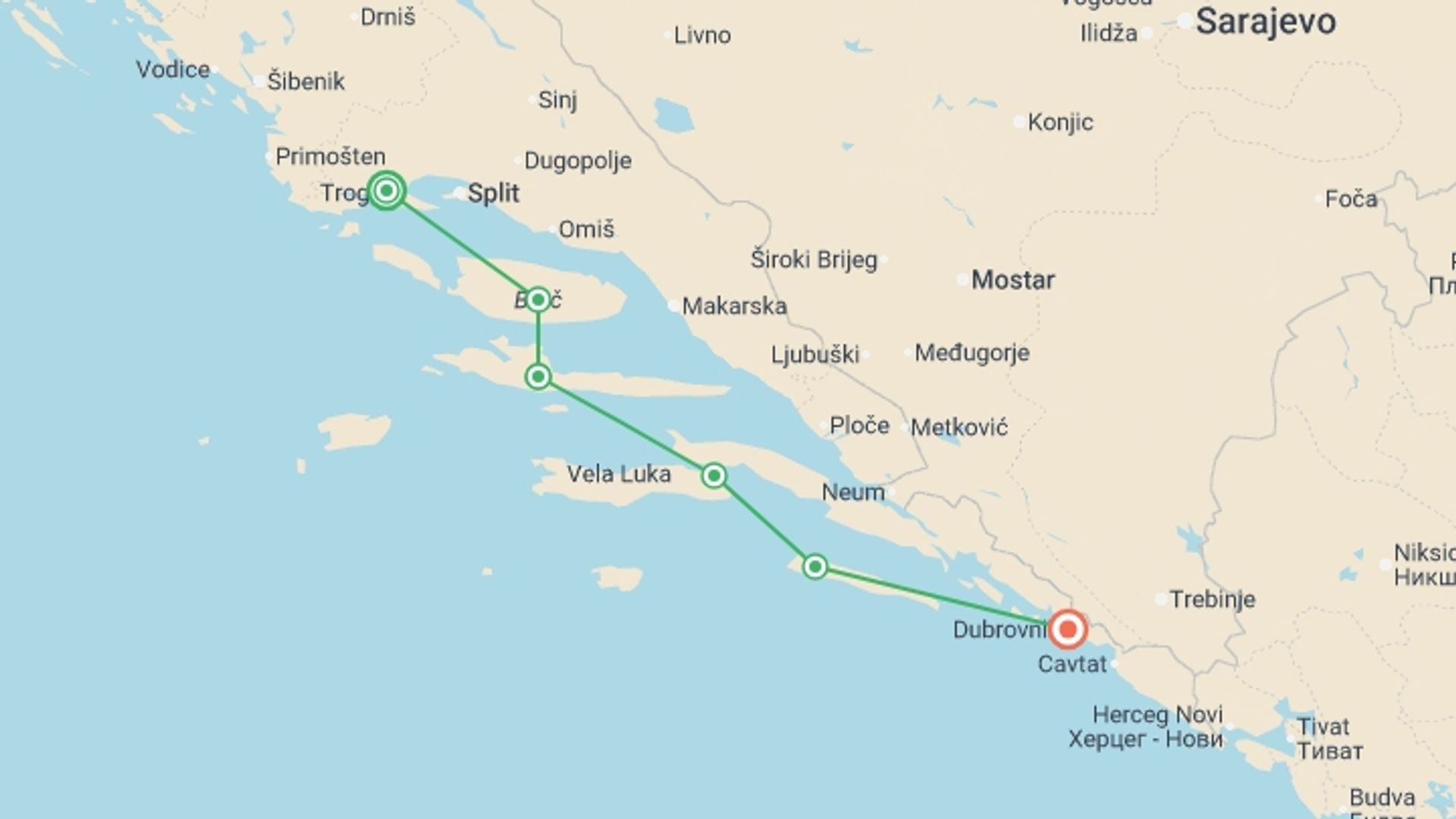 A map showing the tour itinerary for the trip: Dalmatian Coast Self-Guided Island Hopping, starting in Trogir, Croatia and ending in Dubrovnik, Croatia going through 4 other destinations.