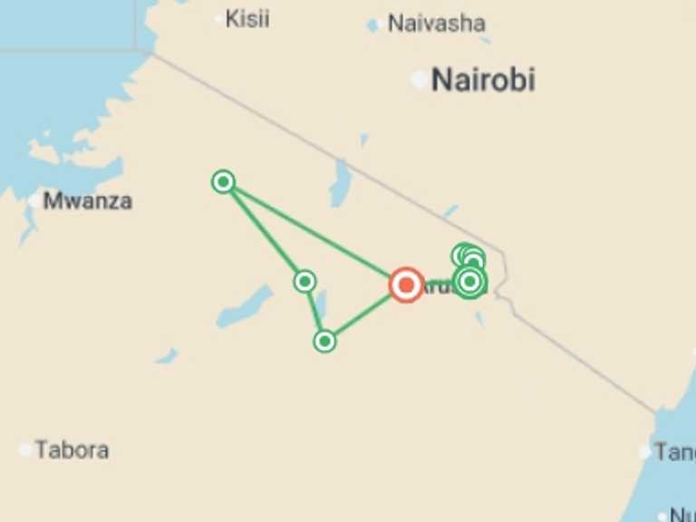 Map itinerary of Tanzania Tour in February 2027 with 10 destination visits for the trip: Tanzania: Kilimanjaro's Machame Route & Serengeti Wildlife
