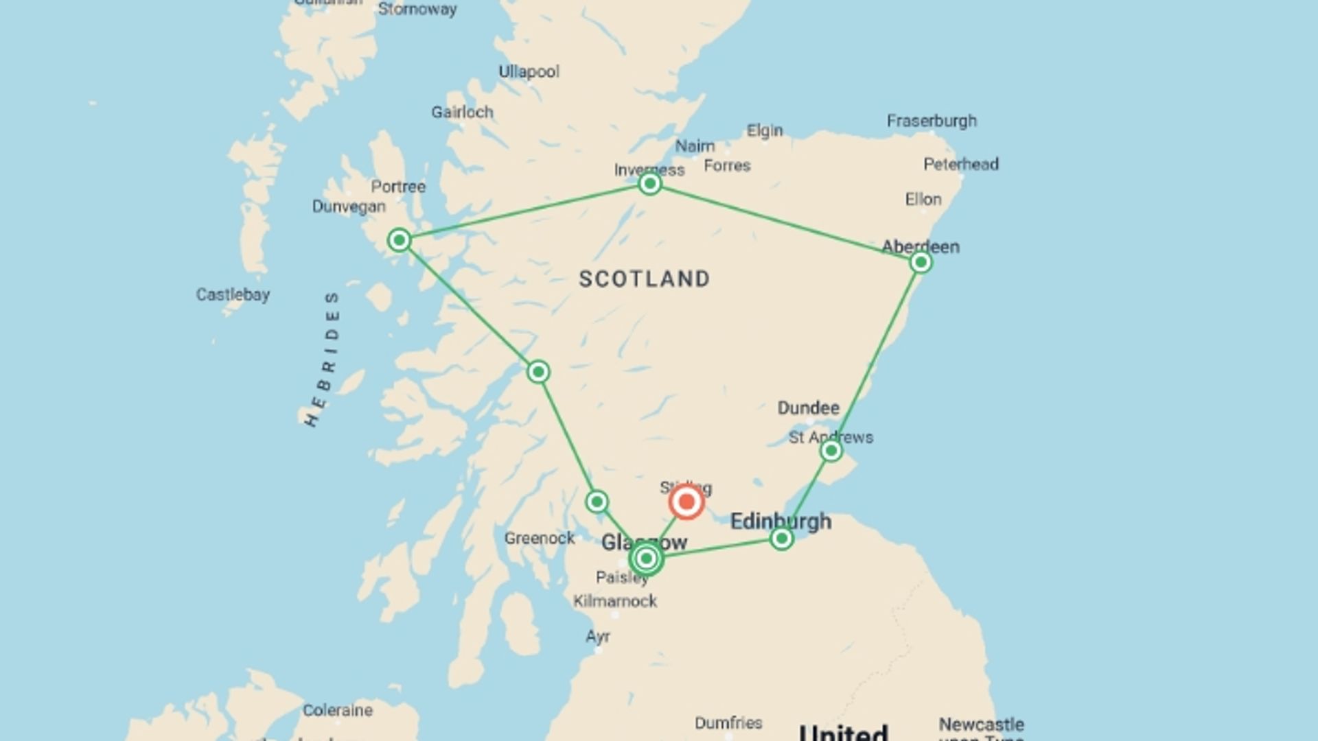 A map showing the tour itinerary for the trip: Grand Tour of Scotland – 14-Day Journey through Hi, starting in Glasgow, Scotland and ending in Stirling, England going through 7 other destinations.
