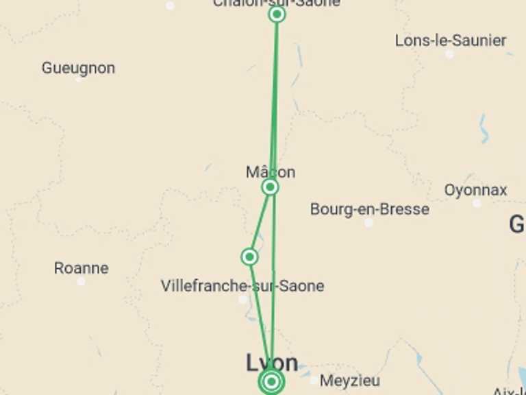 Map of 5-Day Europe Tour with 4 destination visits for the trip: Exceptional Wine Tasting Cruise in Burgundy: Beaujolais Nouveau (port-to-port cruise)