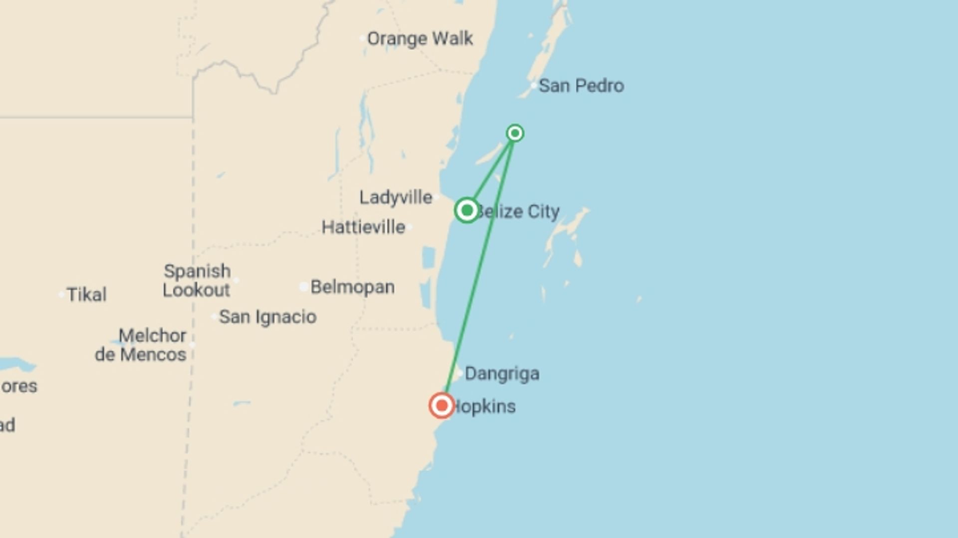 A map showing the tour itinerary for the trip: Island-hopping and Sailing Belize: Beach Days & Starry Nights, starting in Belize City, Belize and ending in Belize City, Belize going through 2 other destinations.