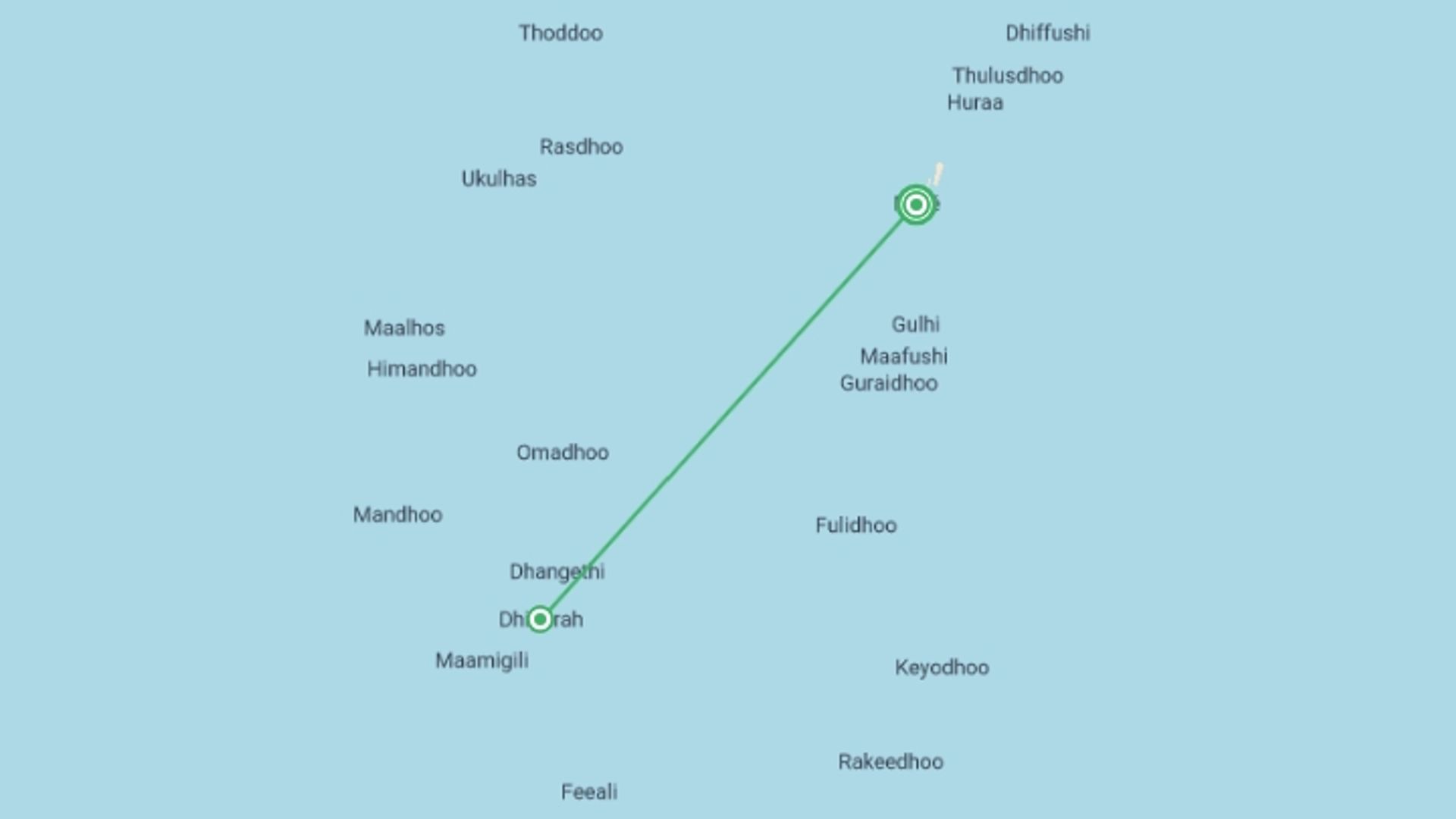 A map showing the tour itinerary for the trip: Marine Life in the Maldives - 4 days, starting in Male, Maldives and ending in Male, Maldives going through 1 other destinations.
