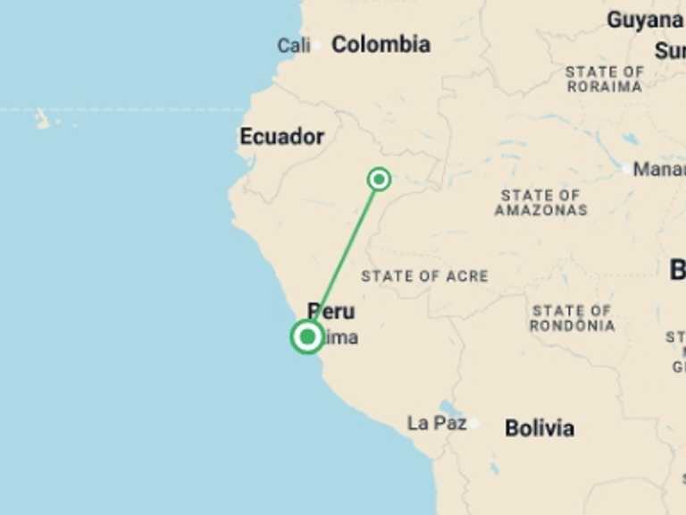 Map itinerary of Lima Tour in September 2025 with 3 destination visits for the trip: Iquitos Amazon Jungle Adventure 3D/2N
