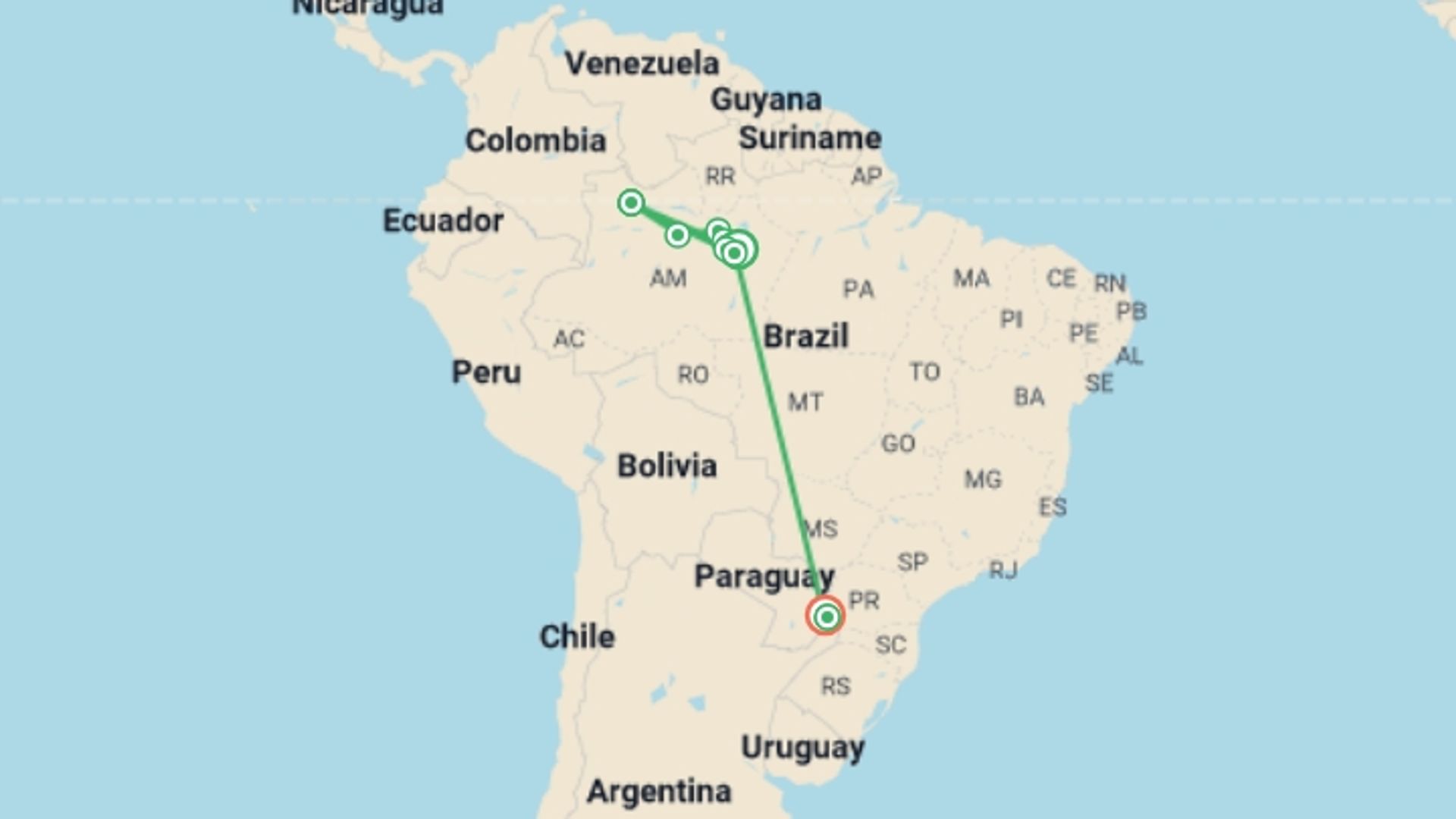 A map showing the tour itinerary for the trip: Along the Amazon and the Rio Negro - An Exclusive Cruise through Pristine and Hidden Nature - An exceptional stay at Iguazu Falls (port-to-port cruise), starting in Amazon Brazil, Brazil and ending in Foz Do Iguacu, Brazil going through 2 other destinations.