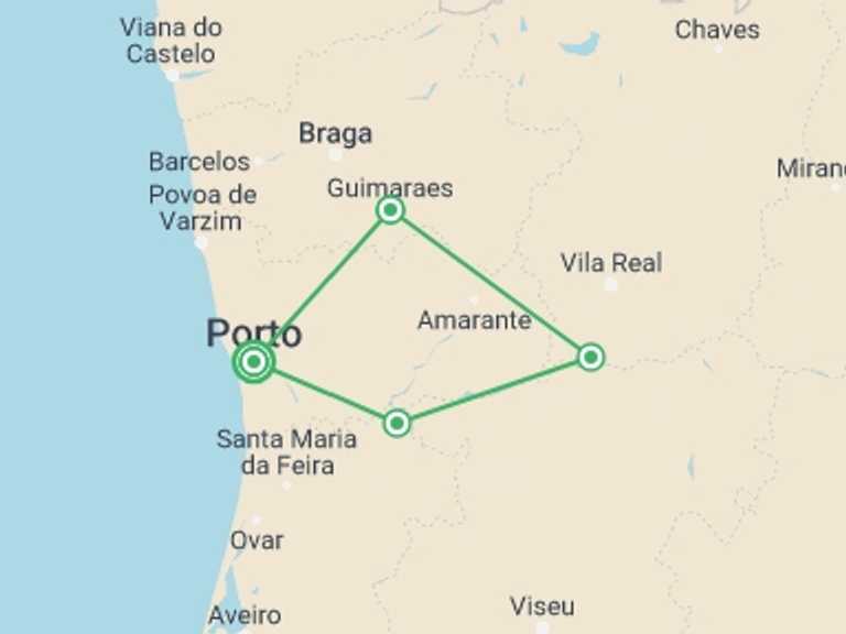 Map itinerary of Porto Tour in Fall with 4 destination visits for the trip: The Pearls Of The North Of Portugal, Self-drive