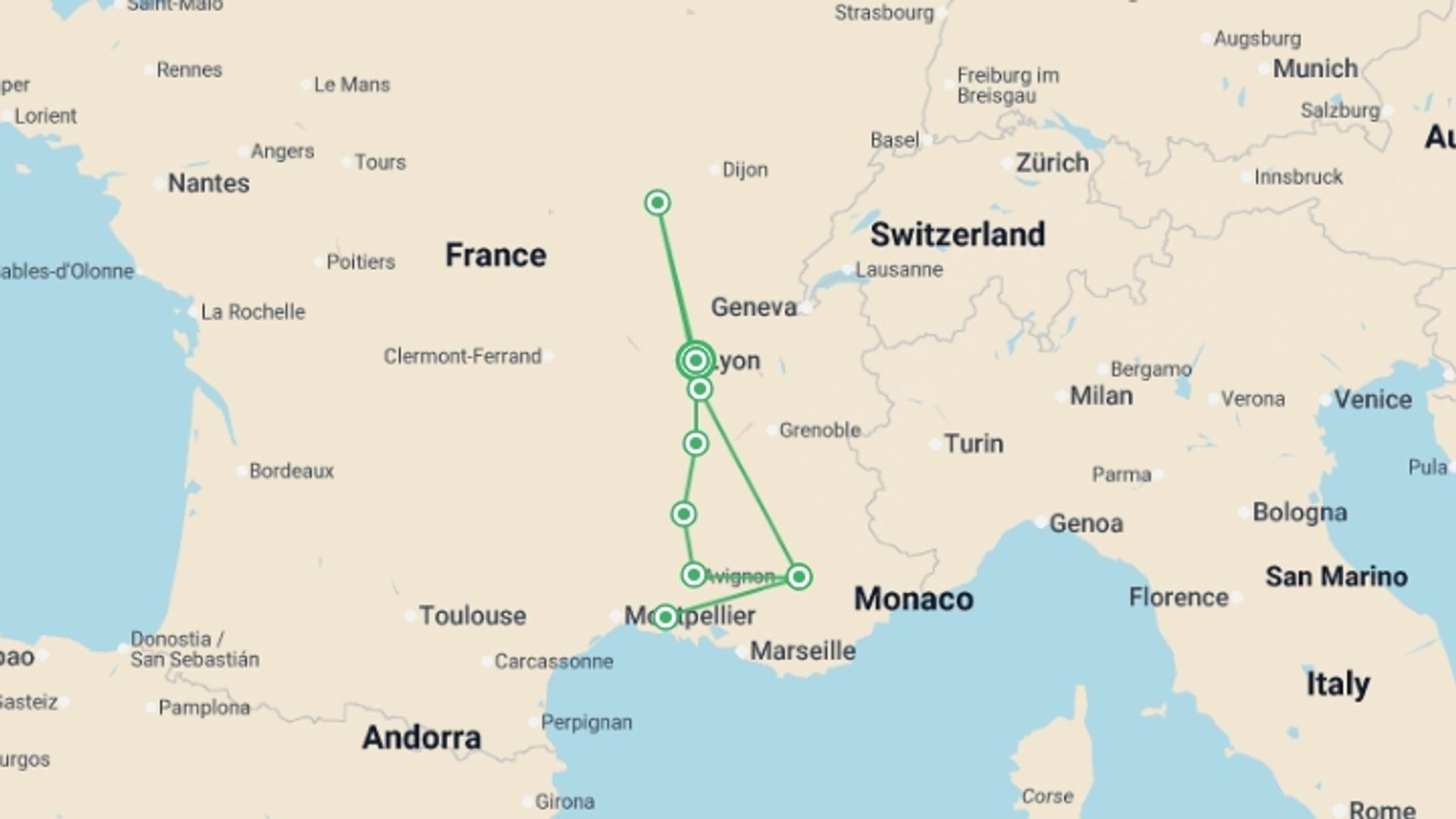 A map showing the tour itinerary for the trip: From Burgundy to the Camargue along the Saône and the Rhône Rivers (port-to-port cruise), starting in Lyon, France and ending in Lyon, France going through 4 other destinations.