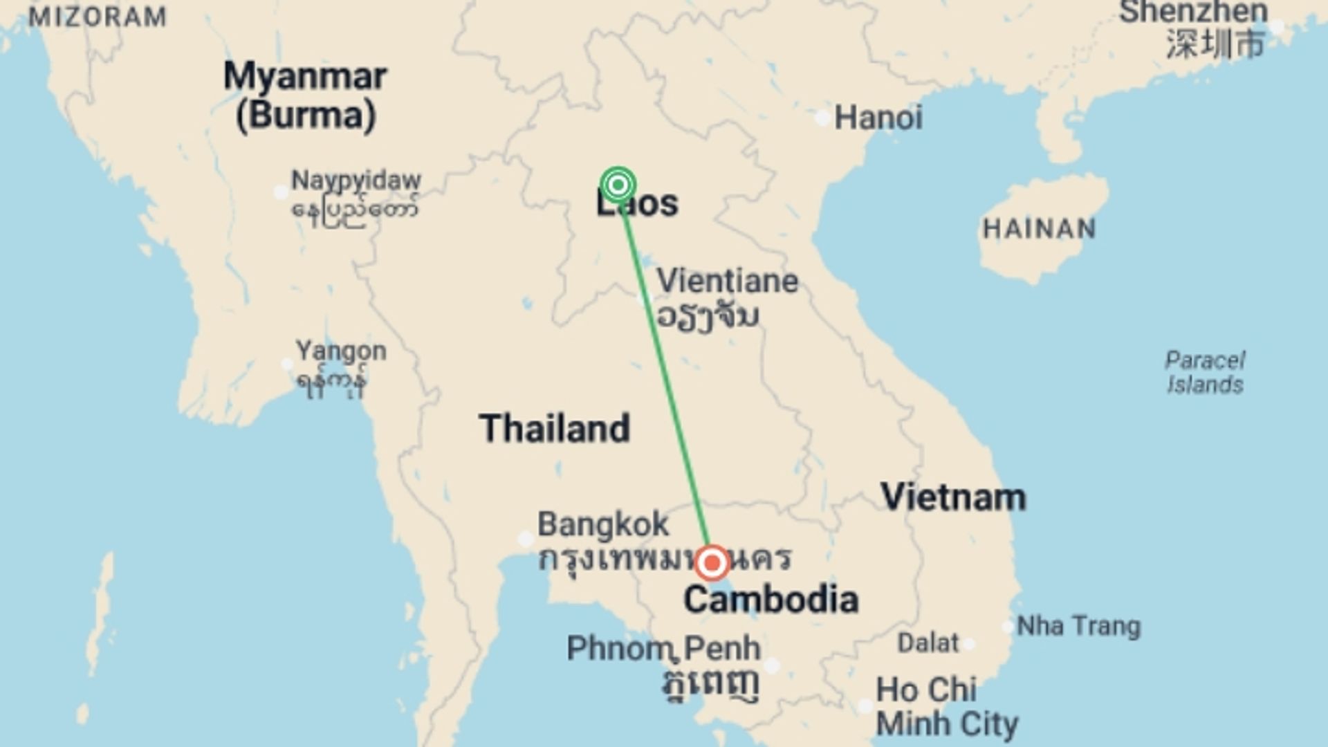A map showing the tour itinerary for the trip: Signature:  Laos and Cambodia's Ancient Traditions, starting in Luang Prabang, Laos and ending in Siem Reap, Cambodia going through 0 other destinations.