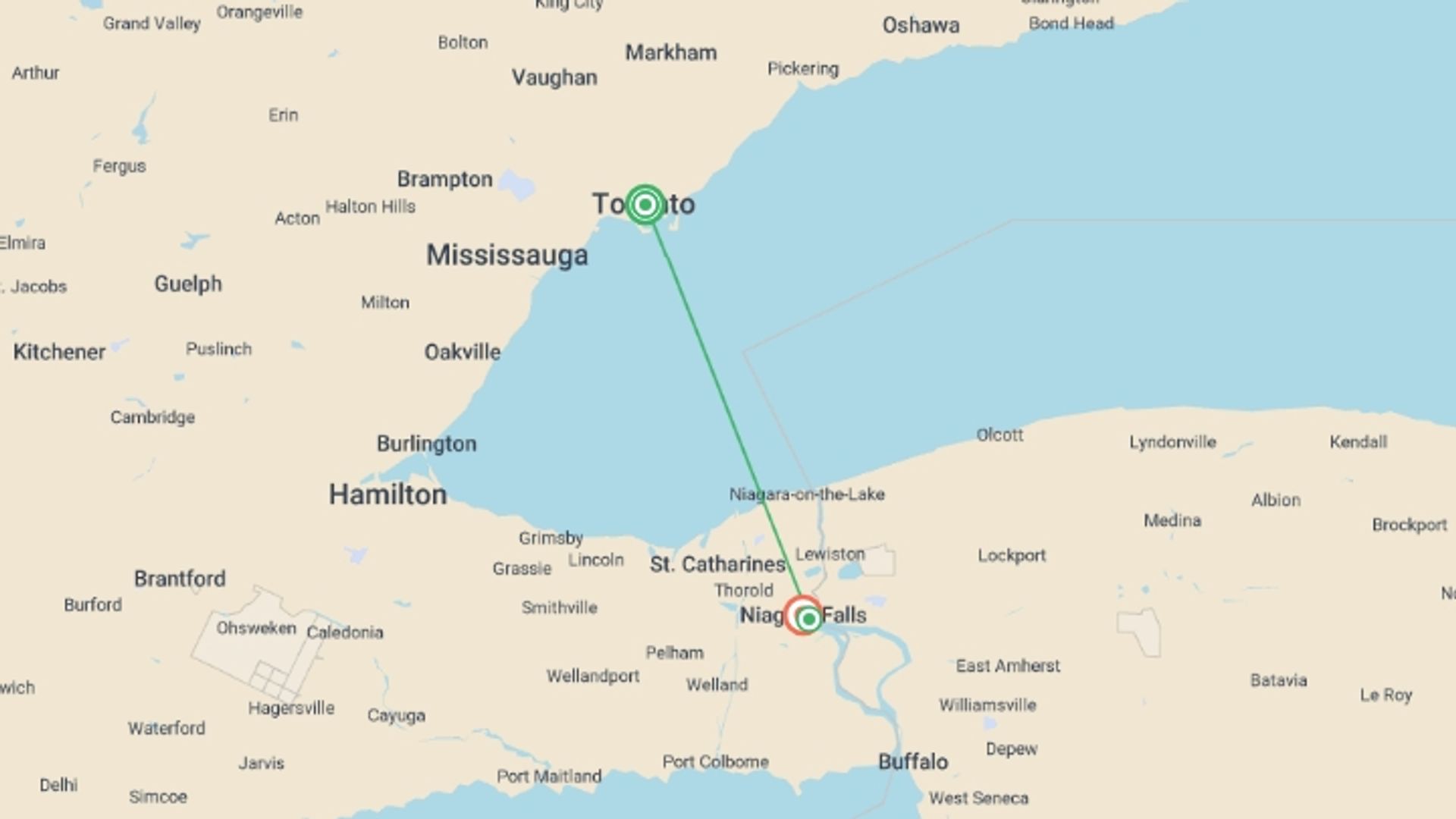A map showing the tour itinerary for the trip: Toronto & Niagara Falls Discovery - 4 days, starting in Toronto, Canada and ending in Niagara Falls, canada going through 0 other destinations.