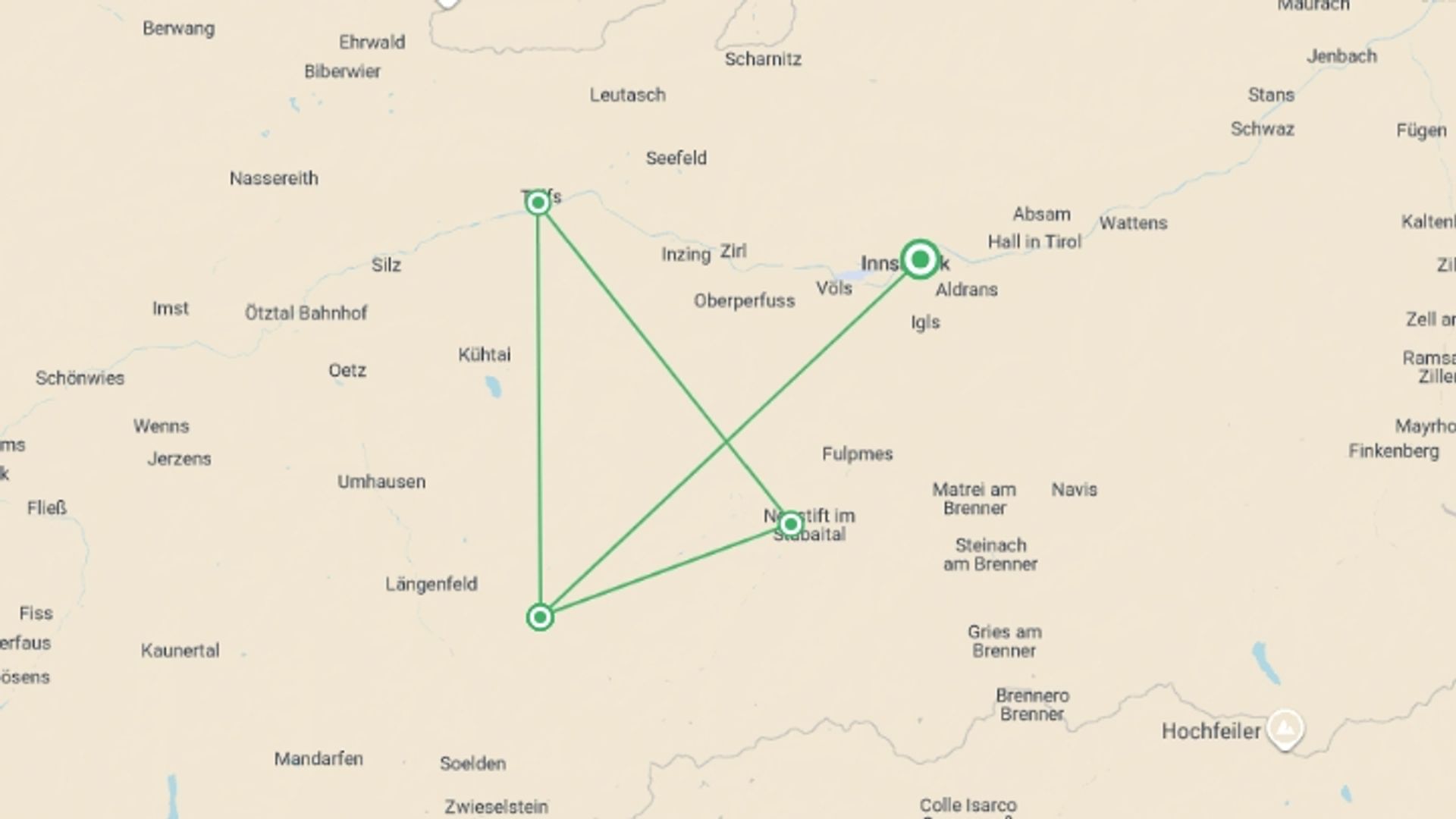 A map showing the tour itinerary for the trip: Alpine Walks in the Stubai Valley, starting in Innsbruck, Austria and ending in Innsbruck, Austria going through 3 other destinations.