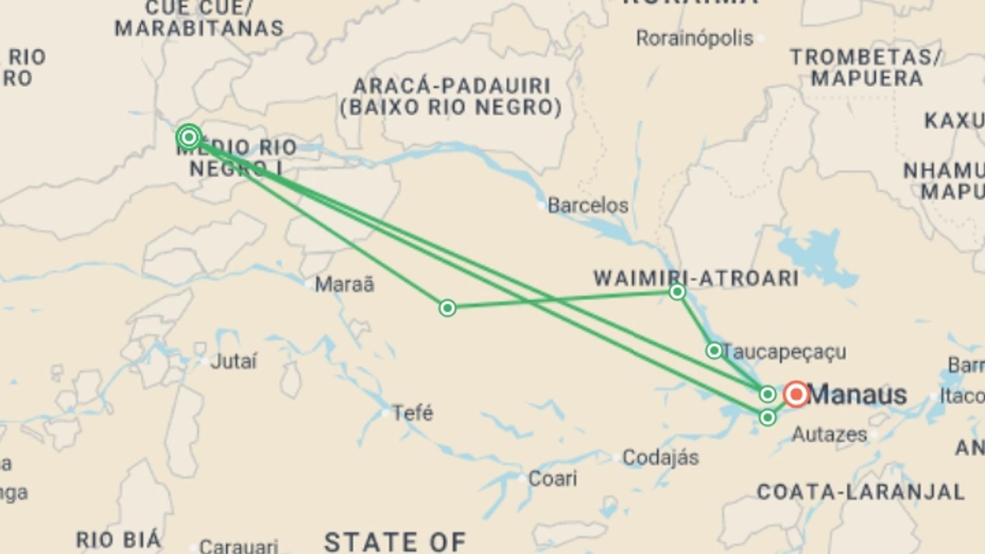 A map showing the tour itinerary for the trip: Along the Amazon and the Rio Negro, An Exclusive Cruise through Pristine and Hidden Nature (port-to-port cruise), starting in Brazil and ending in Manaus, Brazil going through 1 other destinations.