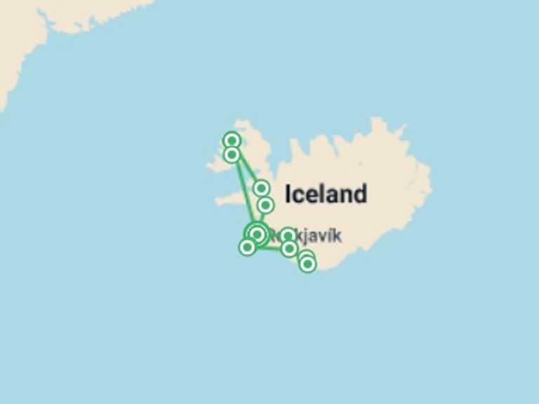 Map of Europe Tour with 3 destination visits for the trip: Land of the Northern Lights & Westfjords - 11 days
