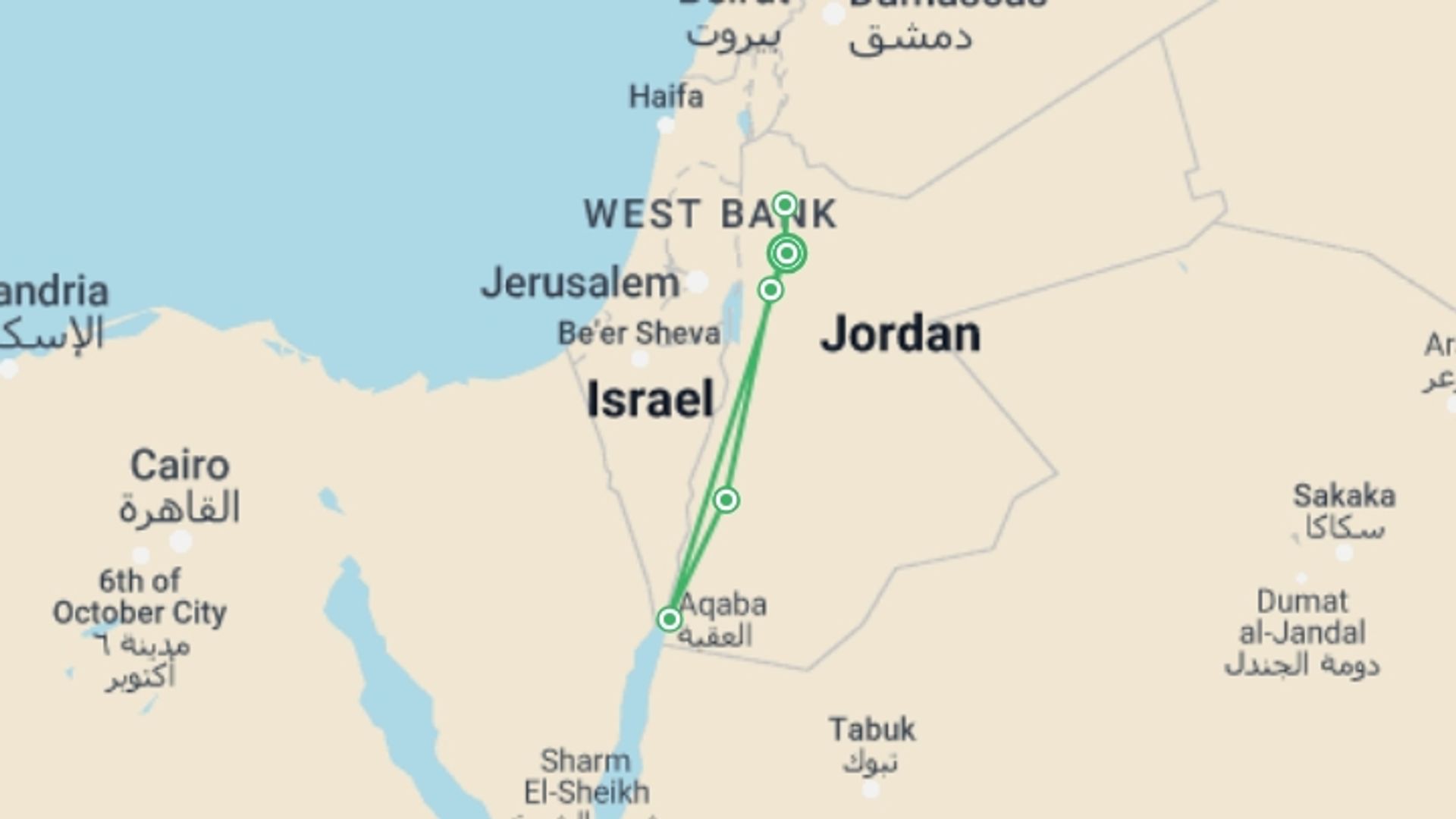 A map showing the tour itinerary for the trip: Grand Jordan, starting in Amman, Jordan and ending in Amman, Jordan going through 5 other destinations.