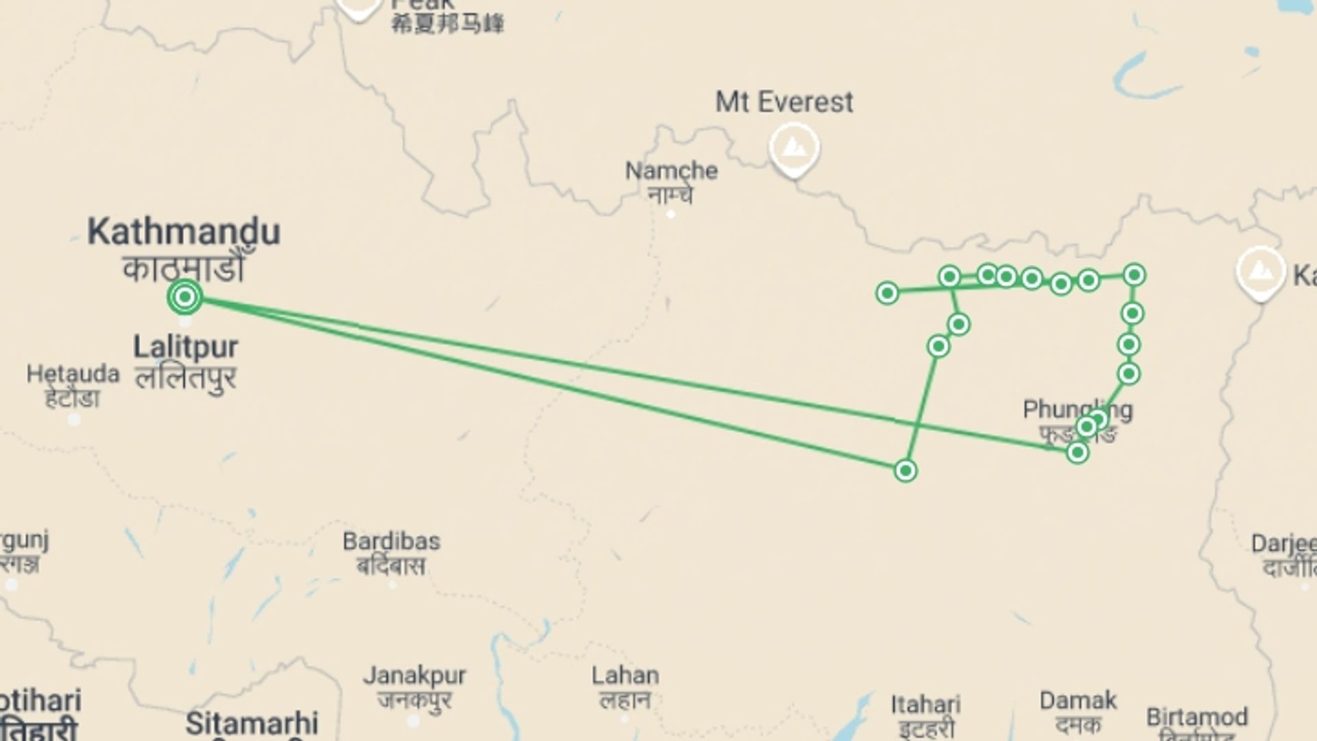 A map showing the tour itinerary for the trip: Lumba Sumba Pass Trek, starting in Kathmandu, Nepal and ending in Kathmandu, Nepal going through 18 other destinations.