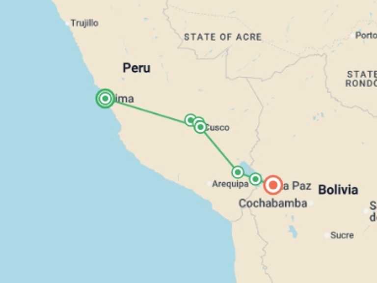 Map itinerary of Andes Tour in June 2026 with 6 destination visits for the trip: Incas, Titicaca & La Paz - 12 days