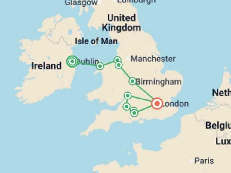 Map itinerary of Europe Tour in Spring with 5 destination visits for the trip: From Dublin to Southern England