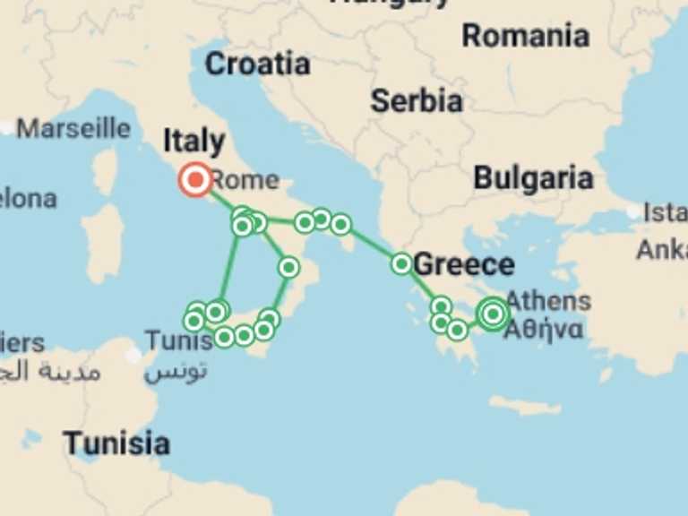 Map of 13-Day Rome Tour with 9 destination visits for the trip: Athens, Peninsula and Complete Sicily