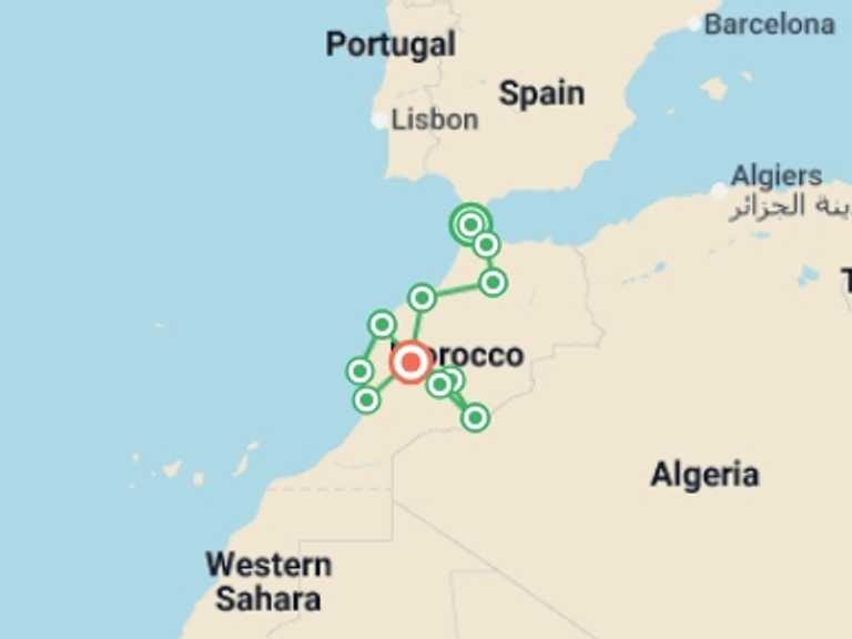 Map of Agadir Tour with 11 destination visits for the trip: Complete Morocco: The Sahara to the Coast