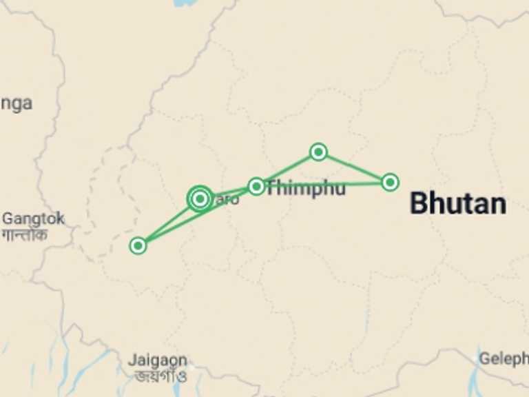 Map itinerary of Bhutan Tour in April 2026 with 6 destination visits for the trip: Journeys: Wonders of Bhutan