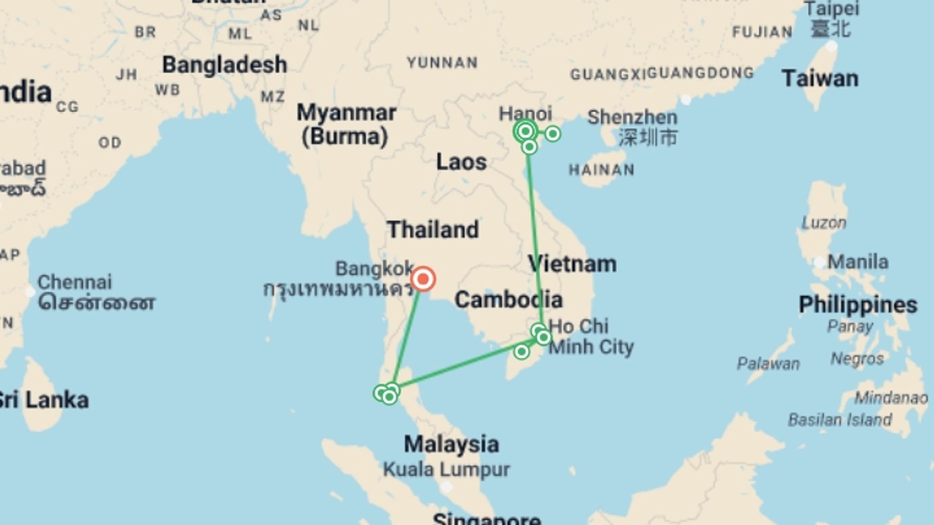A map showing the tour itinerary for the trip: Picturesque Solo Vietnam and Thailand Tour, starting in Hanoi, Vietnam and ending in Bangkok, Thailand going through 5 other destinations.
