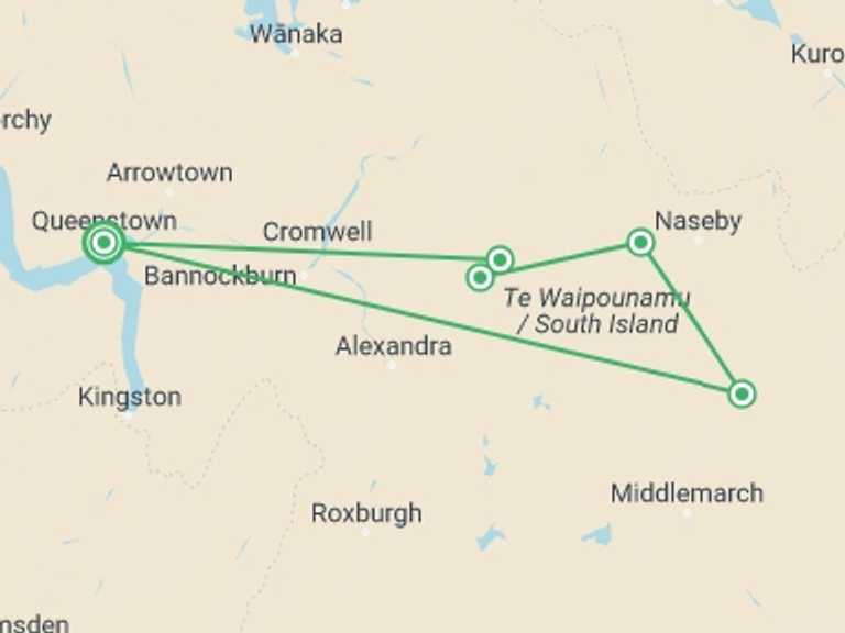 Map of Oceania Sightseeing Tour with 4 destination visits for the trip: Cycle New Zealand: Otago Rail Trail