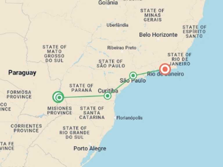 Map itinerary of Sao Paulo Tour in December 2025 with 5 destination visits for the trip: Way to Rio - 10 days