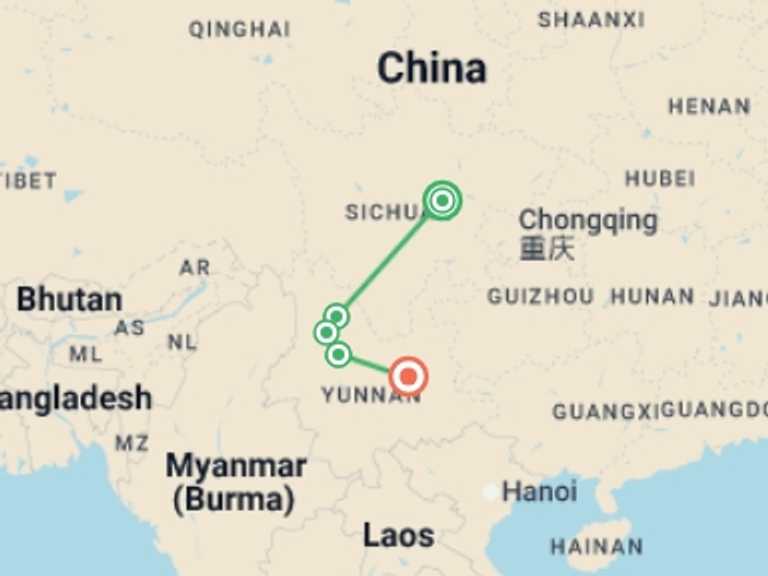 Map of Kunming Tour with 5 destination visits for the trip: China's Hidden Highlights: Chengdu to Kunming