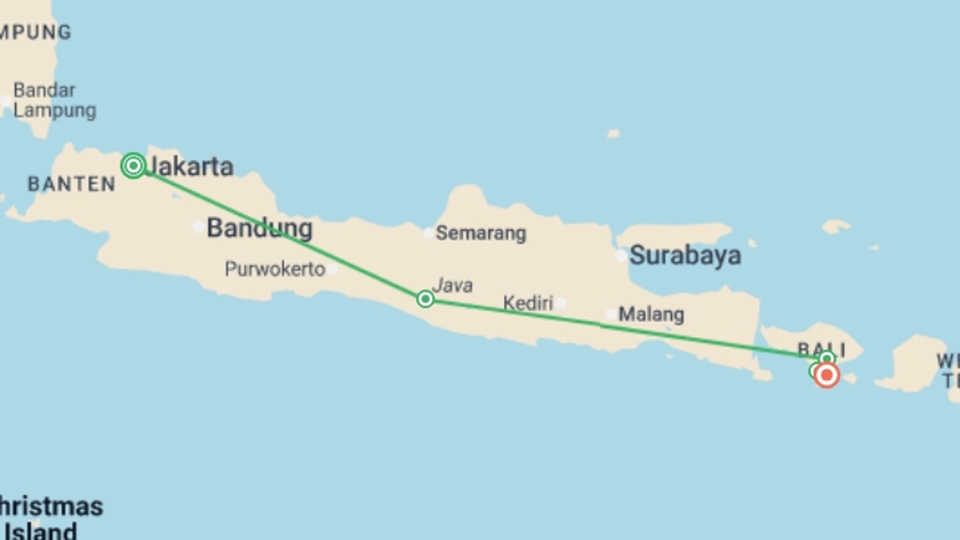 A map showing the tour itinerary for the trip: Premium Java and Bali, starting in Jakarta, Indonesia and ending in Sanur, Indonesia going through 3 other destinations.