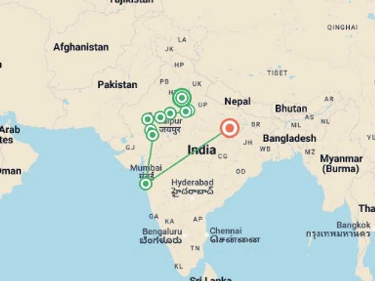 Map of a Shopping and Markets Tour with 8 destination visits for the trip: BEST OF NORTH INDIA WITH MUMBAI & VARANASI