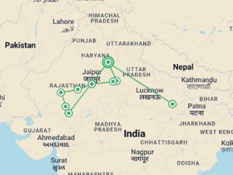 Map of 11-Day New Delhi Tour with 6 destination visits for the trip: Magical Rajasthan With Varanasi, 11 Days Tour