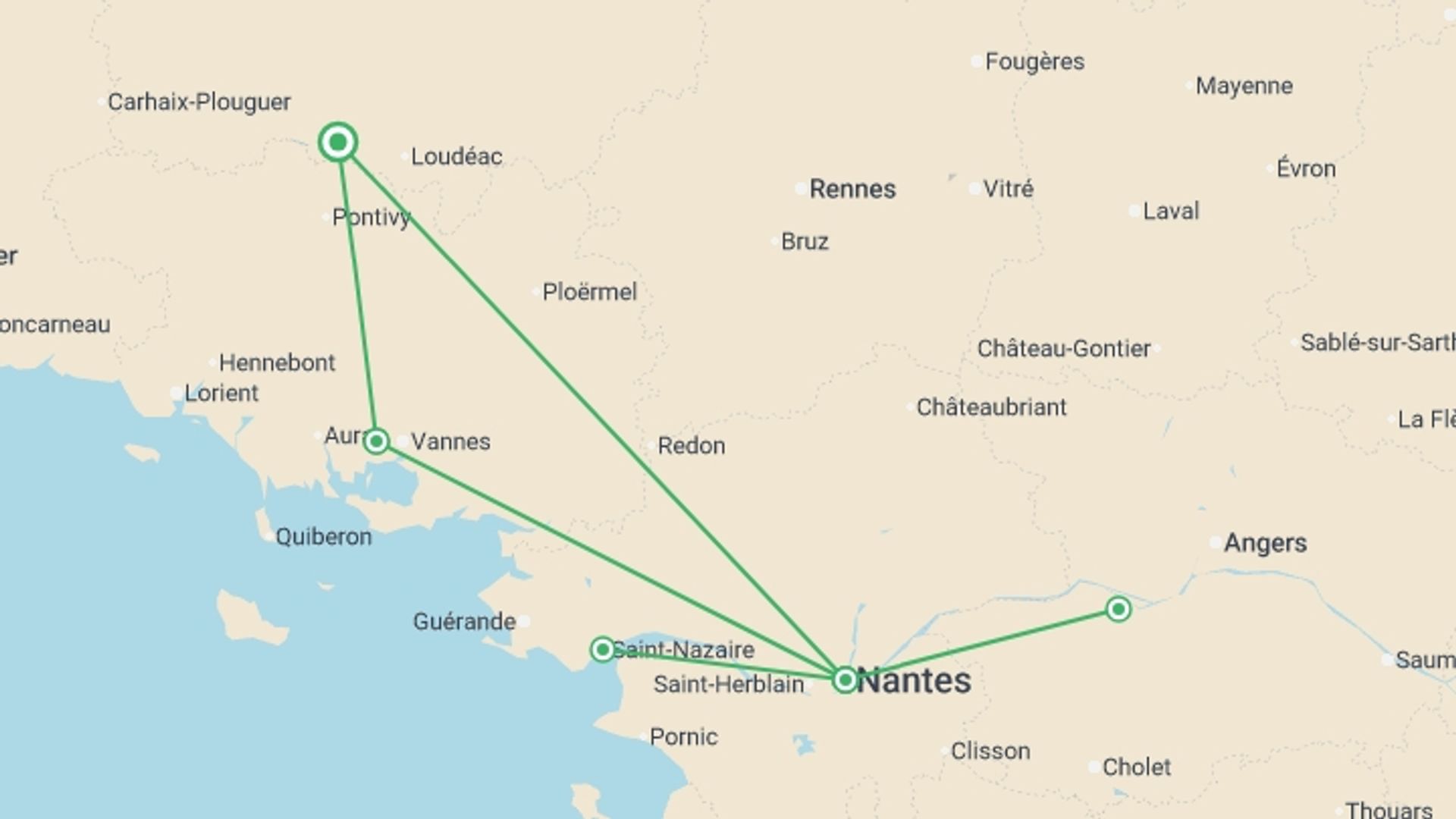 A map showing the tour itinerary for the trip: Beautiful Brittany and Royal Opulence in the Loire (port-to-port cruise), starting in Brittany, France and ending in Brittany, France going through 5 other destinations.
