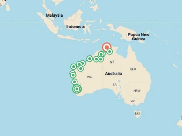 Map of a Adventure and sport Tour with 16 destination visits for the trip: Wonders of the West Coast and Kimberley