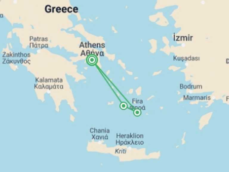 Map of Santorini Explorer Tour with 3 destination visits for the trip: Idyllic Greece: Athens, Folegandros & Santorini