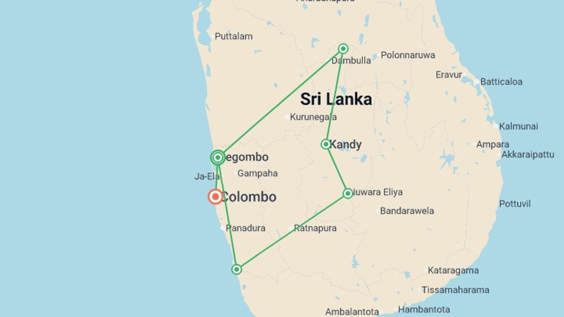 A map showing the tour itinerary for the trip: Sri Lanka Luxury Honeymoon Tour, starting in Negombo, Sri Lanka and ending in Colombo, Sri Lanka going through 4 other destinations.