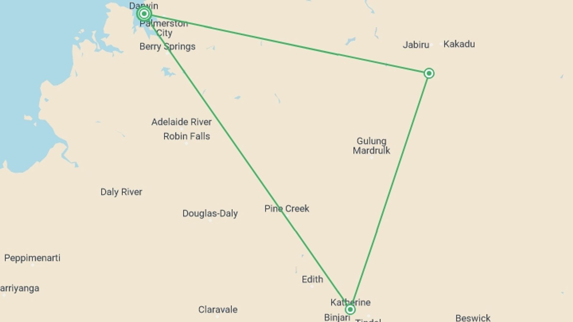 A map showing the tour itinerary for the trip: Top End Highlights, starting in Darwin, Australia and ending in Darwin, Australia going through 3 other destinations.