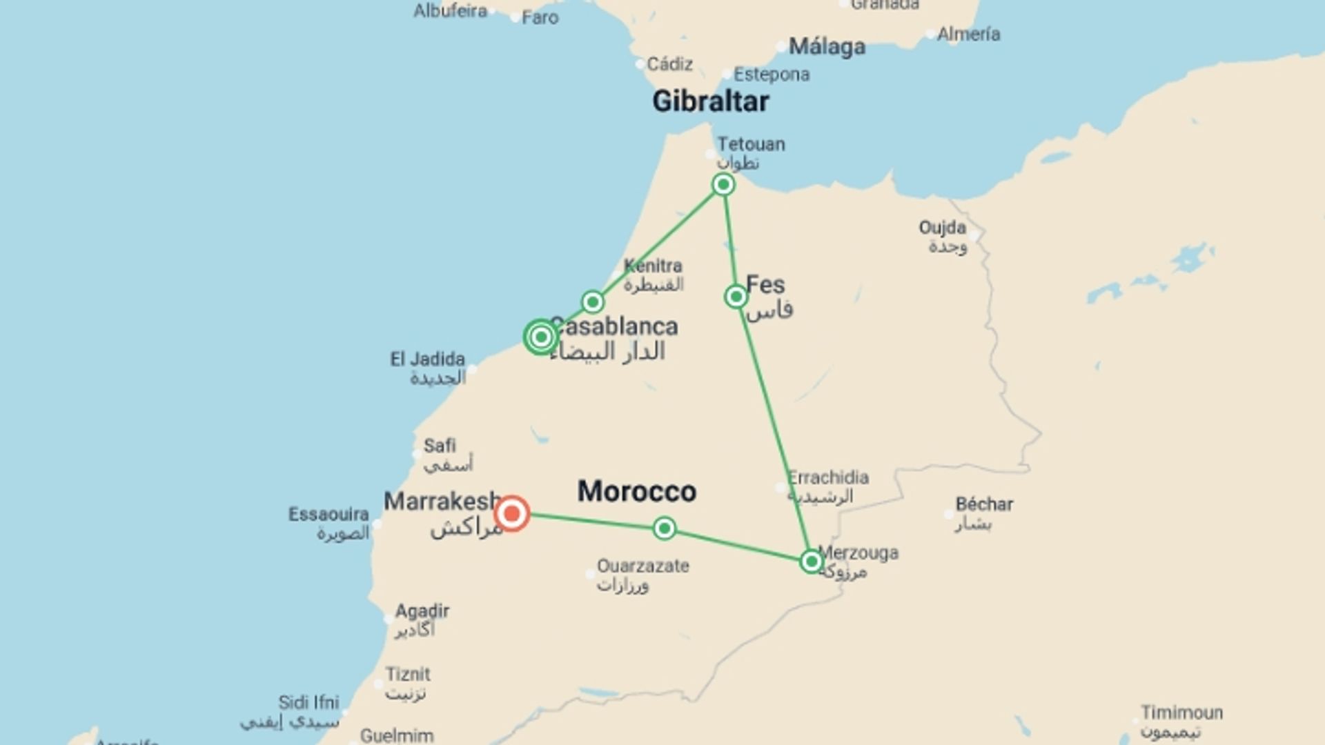 A map showing the tour itinerary for the trip: Signature: Morocco's Fez, Marrakech & the Sahara Desert, starting in Casablanca, Morocco and ending in Marrakech, Morocco going through 5 other destinations.