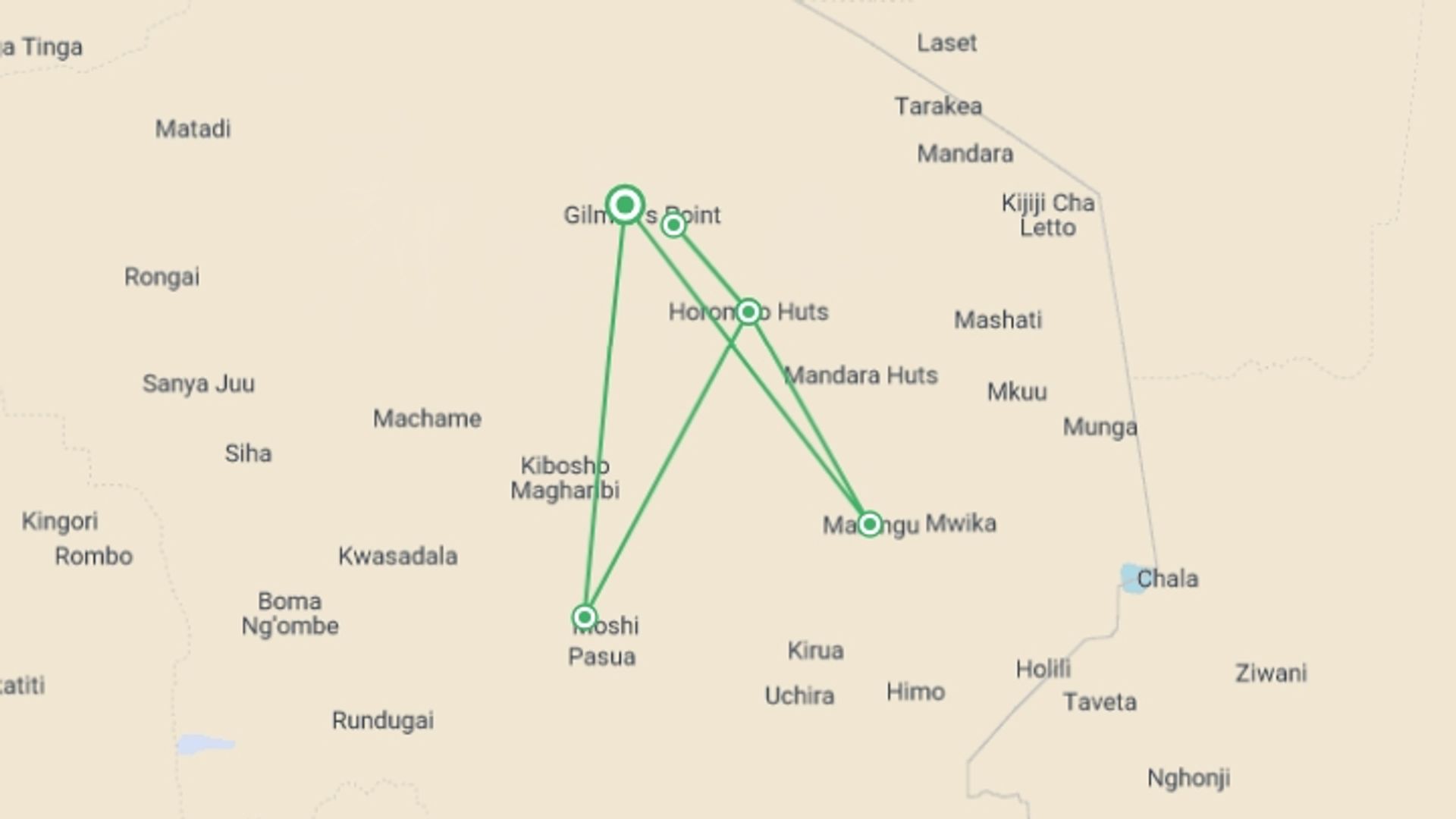 A map showing the tour itinerary for the trip: 6-Day Kilimanjaro Climbing via Marangu Route, starting in Kilimanjaro Marangu Route, Tanzania and ending in Kilimanjaro Marangu Route, Tanzania going through 5 other destinations.