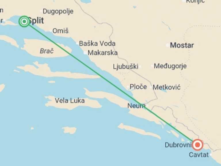 Map of a Sailing, yachting and motor boating Tour with 2 destination visits for the trip: Sailing Croatia - Split to Dubrovnik