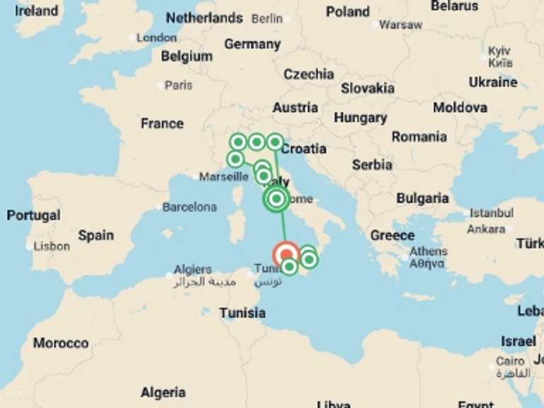 Map of Europe Tour with 11 destination visits for the trip: Tutta Italia To Sicily by Plane And Aeolian Islands