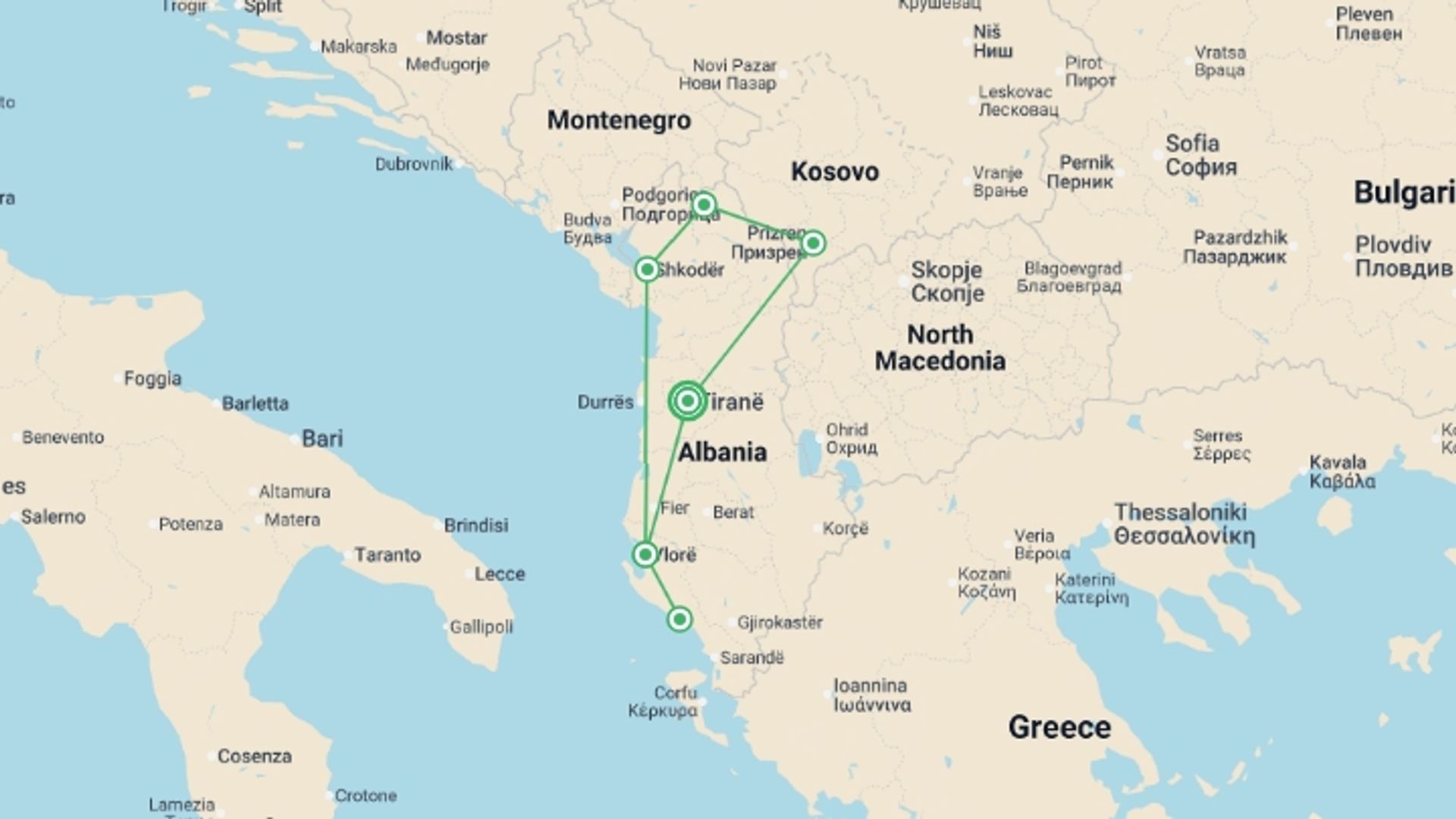A map showing the tour itinerary for the trip: Albania Beaches & Mountains, starting in Tirana, Albania and ending in Tirana, Albania going through 3 other destinations.