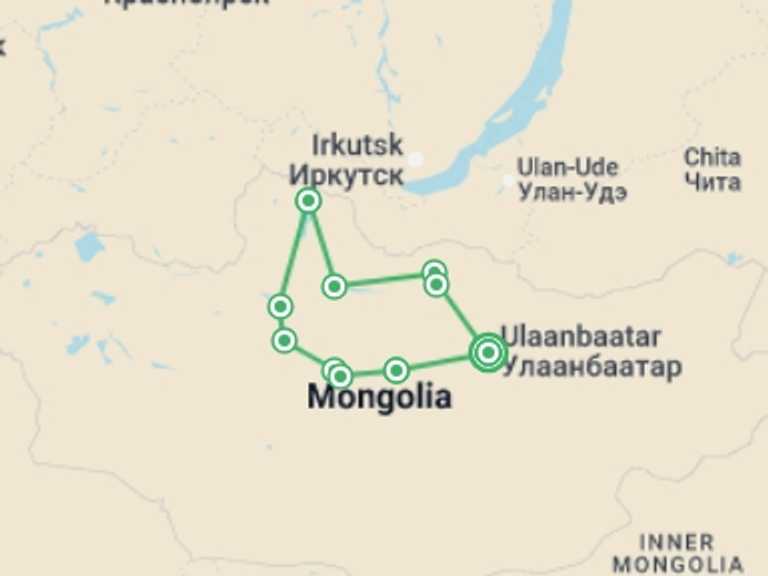 Map itinerary of Ulaanbaatar Tour in June 2026 with 10 destination visits for the trip: Wild Mongolia