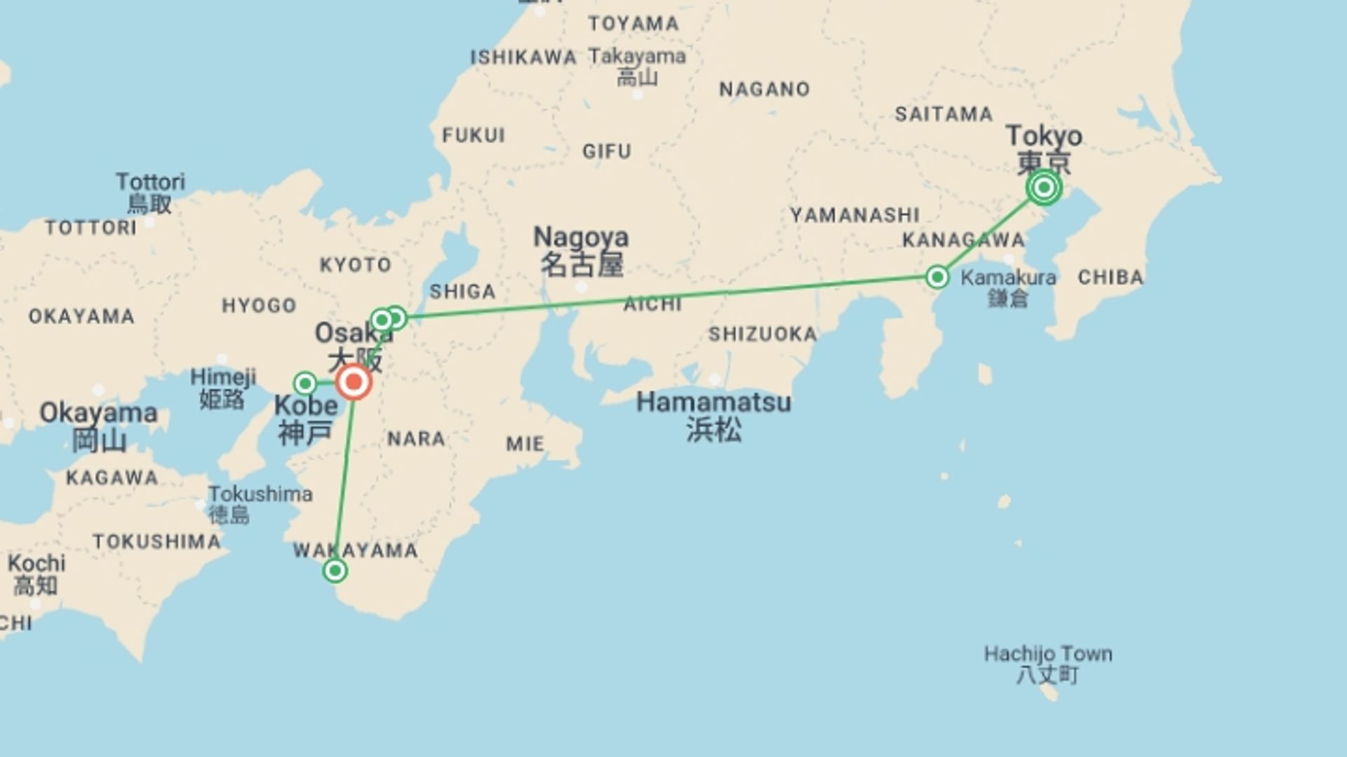 A map showing the tour itinerary for the trip: Discover Japan's Fall Foliage with Kumano Kodo, starting in Tokyo, Japan and ending in Osaka, Japan going through 5 other destinations.