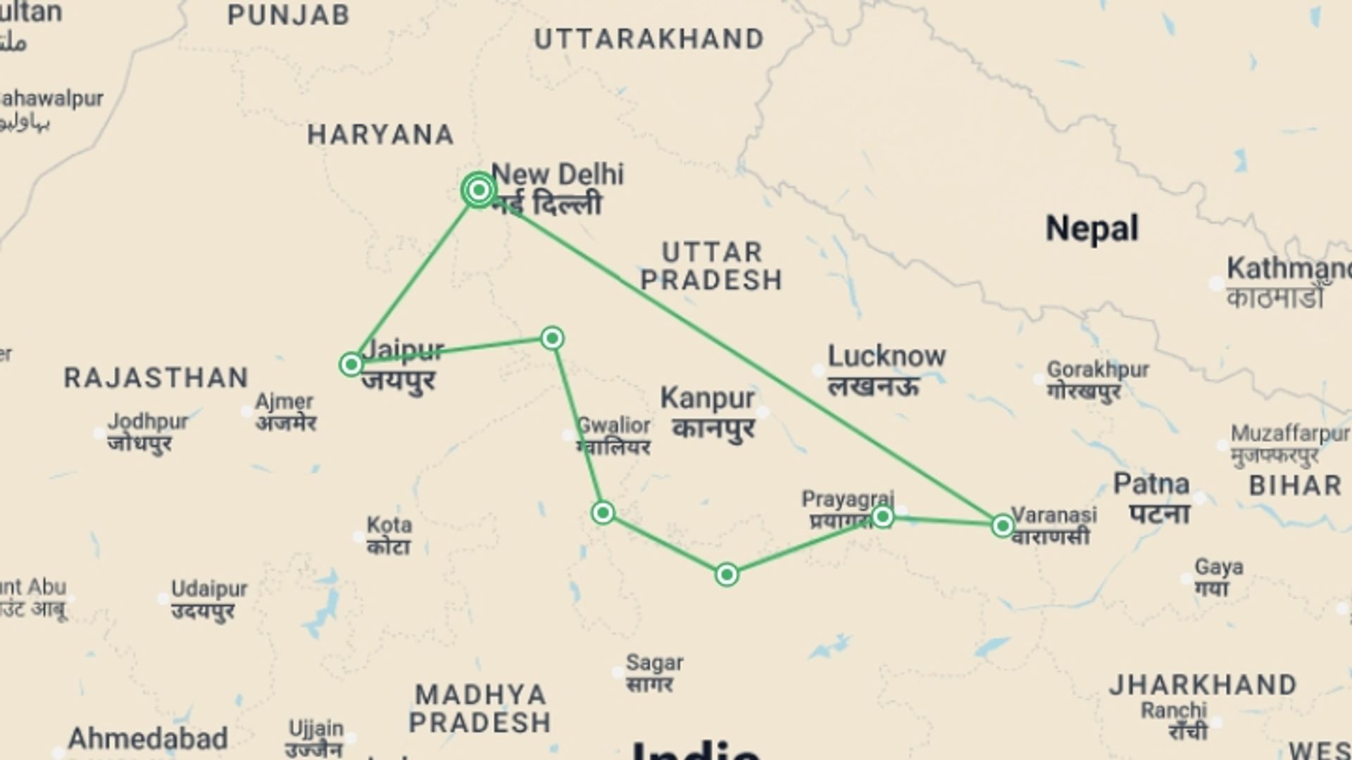 A map showing the tour itinerary for the trip: Classic North India, Italian-speaking Guide, starting in New Delhi, India and ending in New Delhi, India going through 6 other destinations.