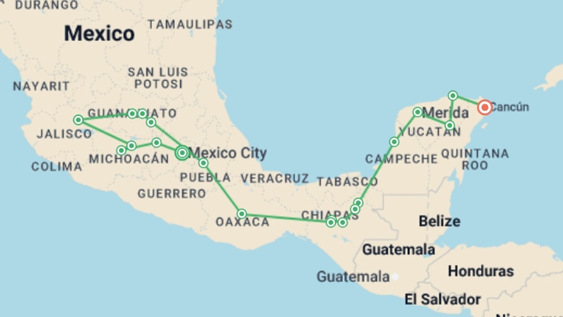 A map showing the tour itinerary for the trip: The Mariachi route, starting in Mexico City, Mexico and ending in Cancún, Mexico going through 12 other destinations.