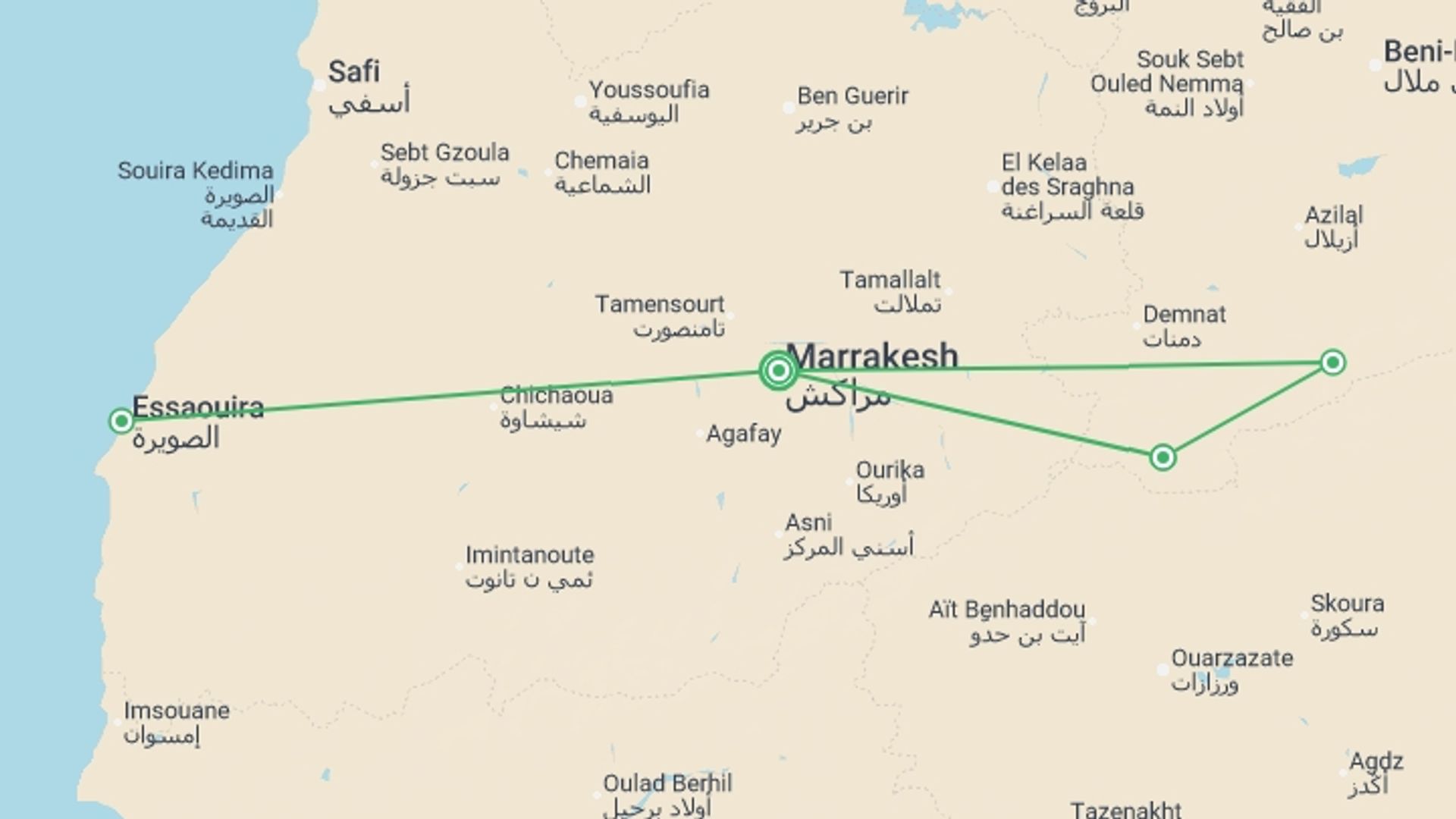 A map showing the tour itinerary for the trip: Athens & Aegean Cruise - 7 days, starting in Marrakech, Morocco and ending in Marrakech, Morocco going through 5 other destinations.
