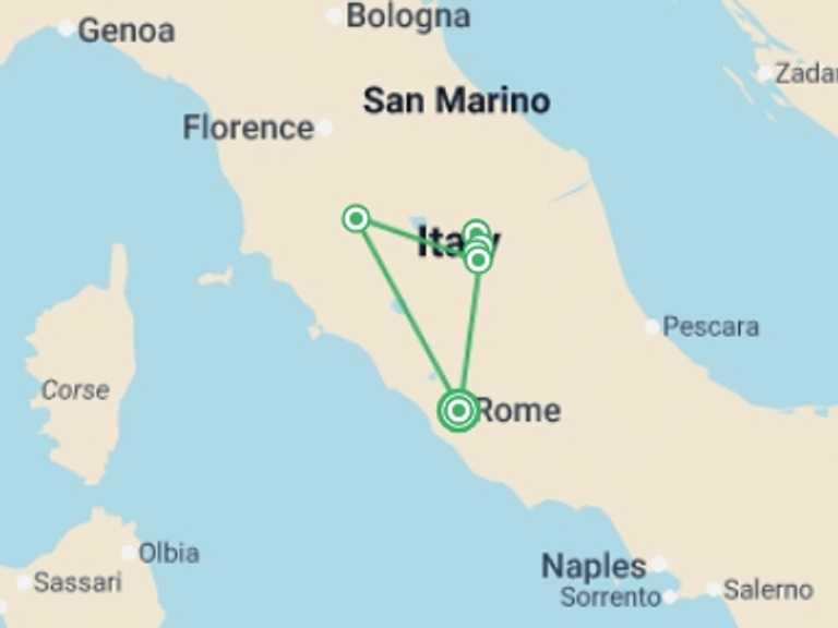 Map itinerary of Mediterranean Tour in May 2026 with 6 destination visits for the trip: Walking in Rome, Assisi and Umbria - Premium Adventure