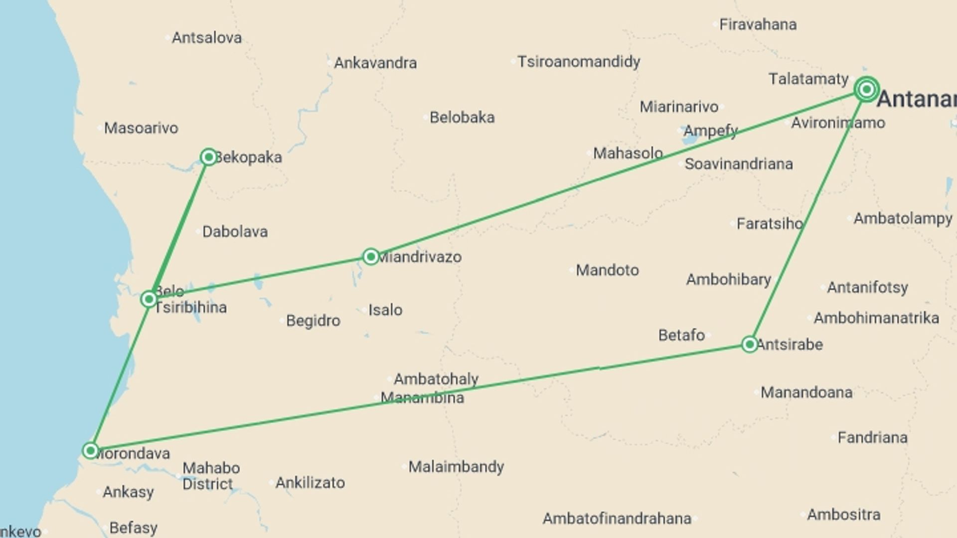 A map showing the tour itinerary for the trip: Madagascar Baobabs & Beyond, starting in Antananarivo, Madagascar and ending in Antananarivo, Madagascar going through 5 other destinations.