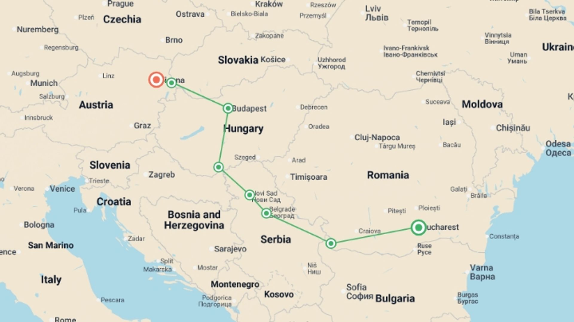 A map showing the tour itinerary for the trip: Complete Danube Cities – FIDELIO Superior, starting in Bucharest, Romania and ending in Vienna, Austria going through 6 other destinations.